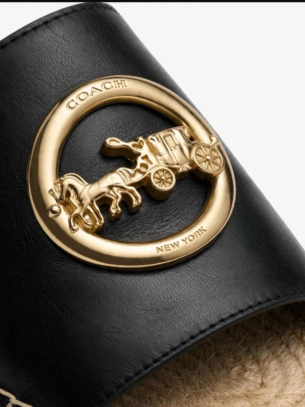 Coach Black Leather Espadrille Slide with Gold Coach Horse & Carriage Emblem